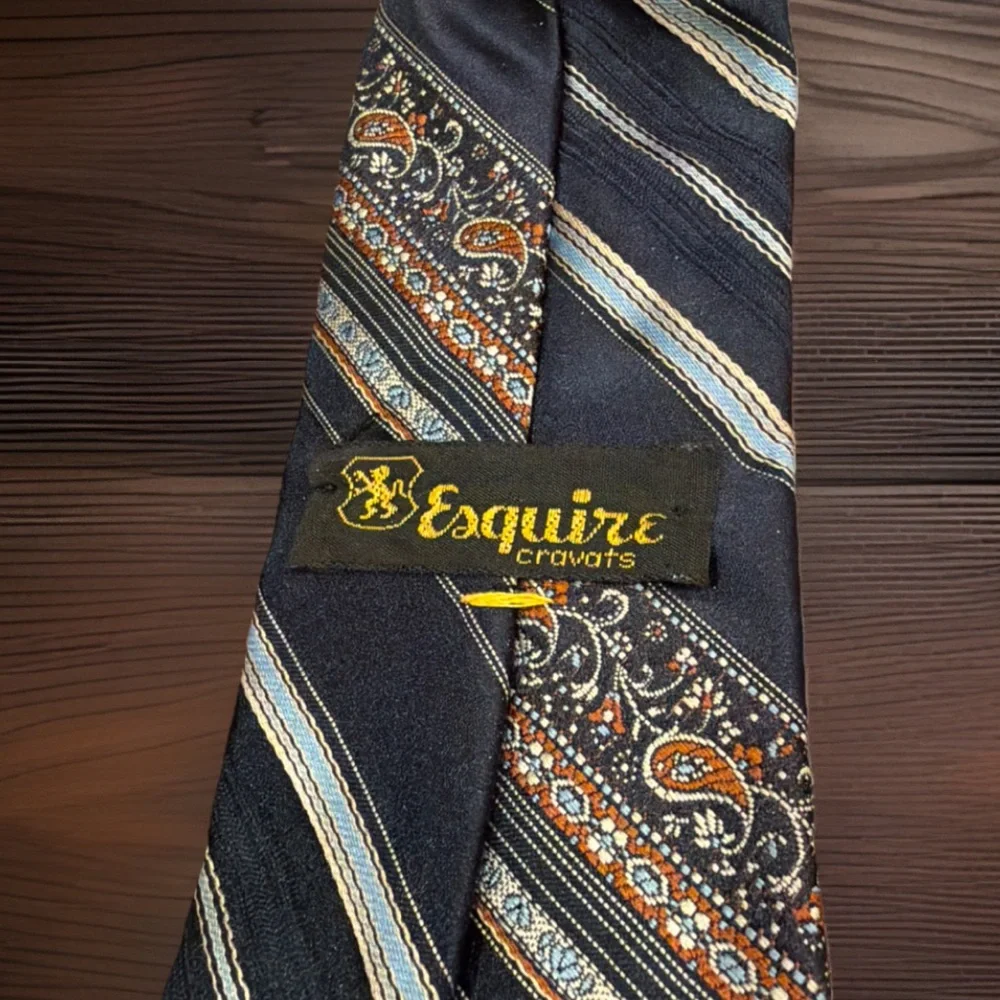 Esquire Cravats Striped Floral Tie Navy Brown Ivory Gold Rust Vintage Necktie